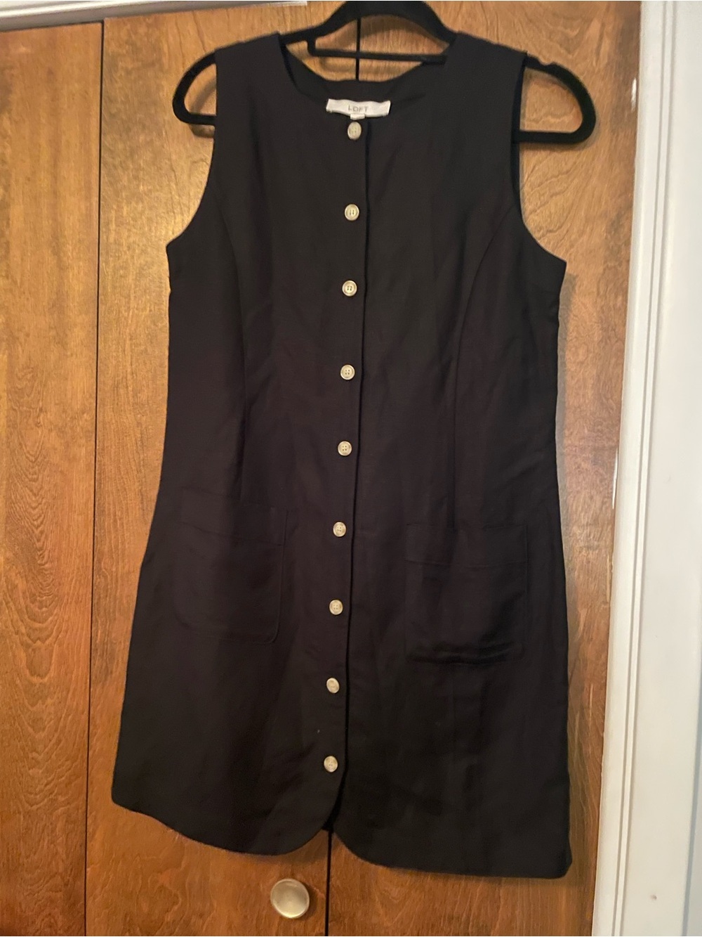 LOFT Black Sleeveless Shift Dress with Front Buttons